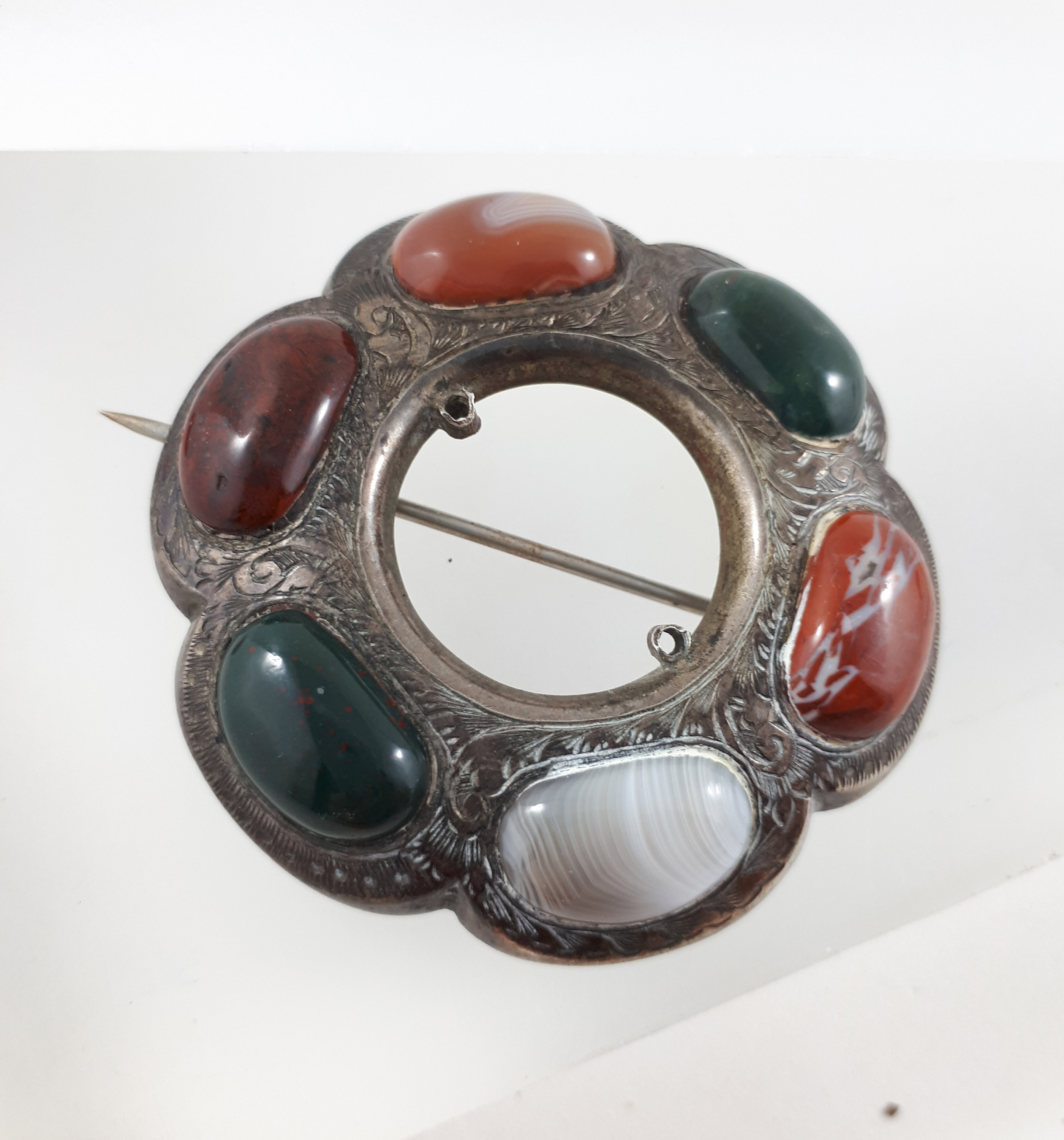Broche Florale Ancienne Exquisite - Agate, Cristal, Argenté Style Celtique - Occasion