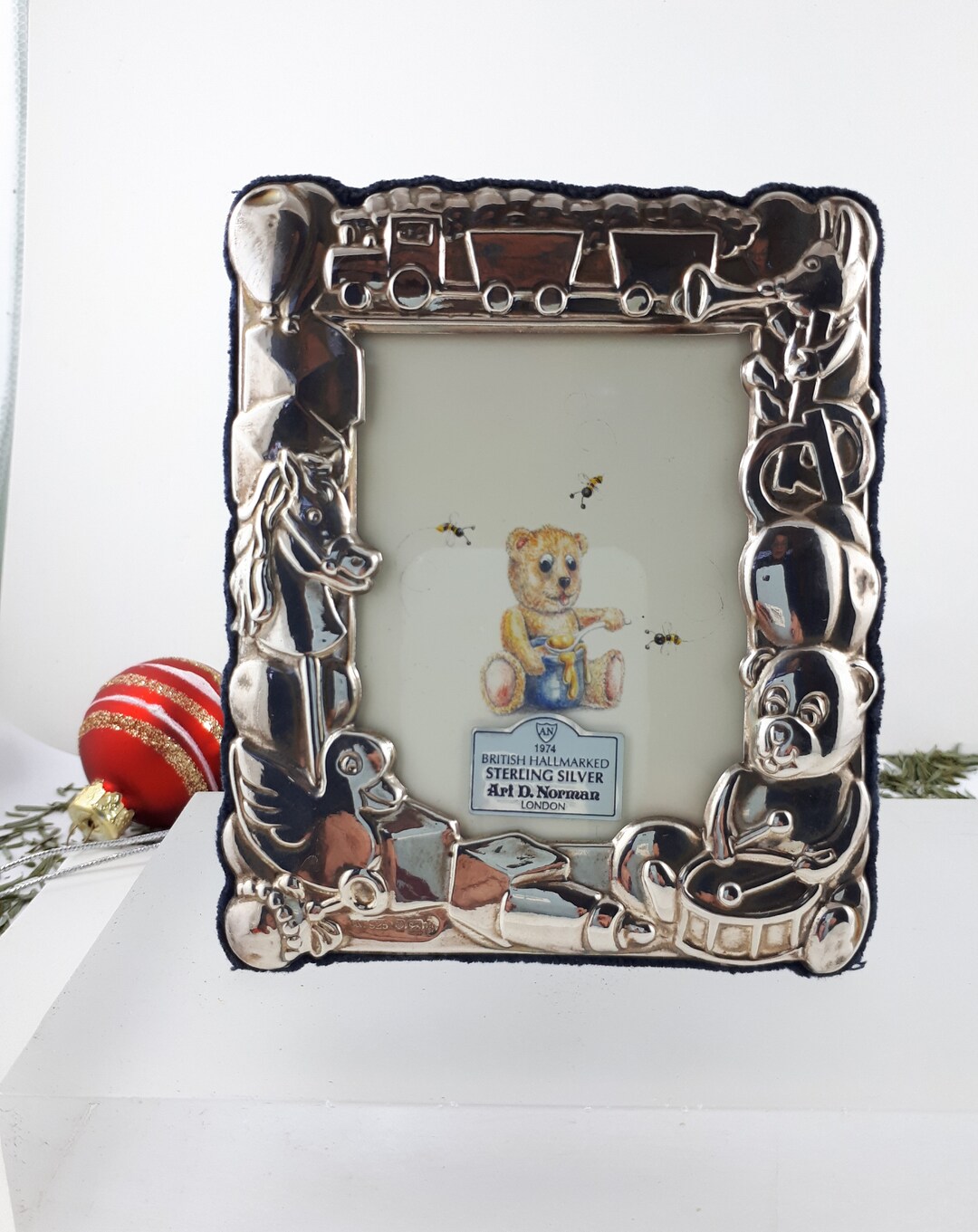 Vintage 1974 British Sterling Silver Baby Picture Frame With Teddy Bear