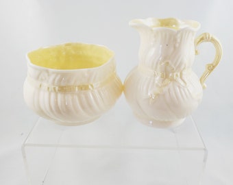 Belleek Cream Sugar Mid Century Belleek Porcelain Creamer and Open Sugar Bowl Set  Ribbon Pattern