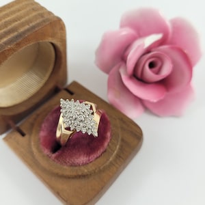 Anello vintage in oro 14 carati con diamanti a forma di diamante, incastonato con 35 diamanti taglio rotondo, misura 7,5, regalo di anniversario, regalo di Natale per la mamma.