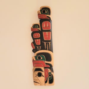 Eagle Totem Plaque Northwest Coast Hand Carved  and Painted Yellow Cedar Wall Plaque Four Eagle Totem Signed  R. Krawchuk 18 inches Tall