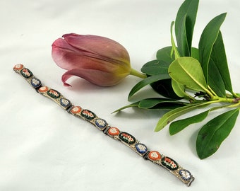 Micro Mosaic Bracelet  Art Deco Micro Mosaic 5 Silver Tone Panel Bracelet Made in Italy 7.5 inches long  Collector's Gift