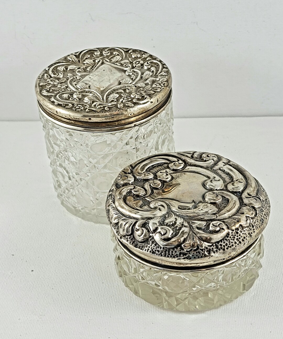 Dresser Jars A Pair of Art Nouveau Crystal Dresser Jars With Sterling