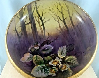 Noritake Centerpiece Bowl Vintage Hand Painted Gold Noritake Bowl Forest and Flowers Scene 9 in Diameter