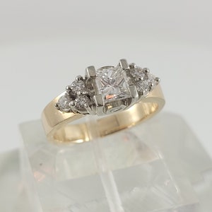 Anello di fidanzamento con diamanti taglio principessa in oro 14 carati, vintage, con diamanti laterali, misura 7,5.