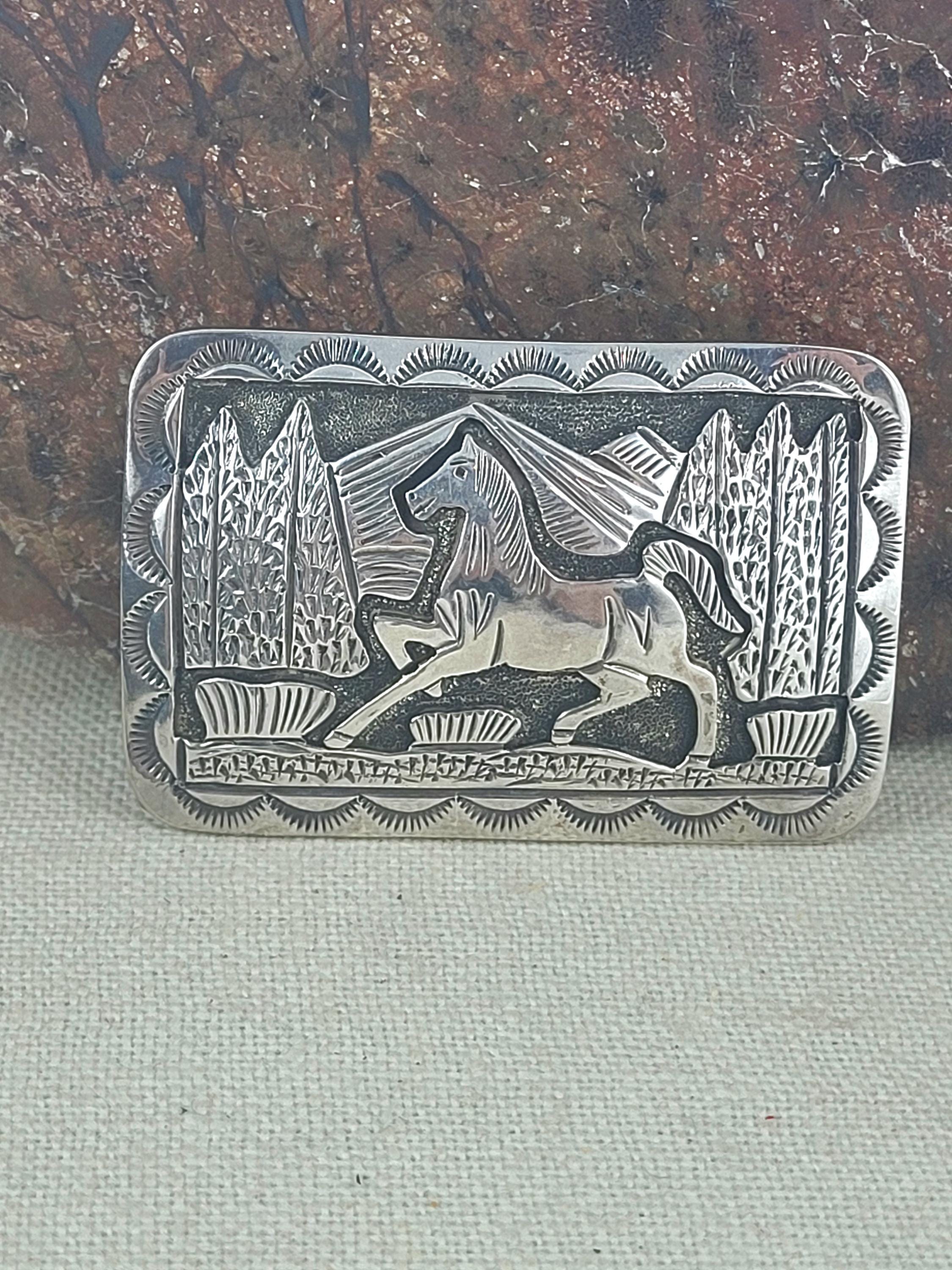 Vintage Navajo Belt Buckle Hand Crafted Sterling Silver Wild Horse