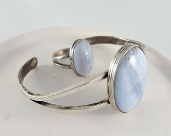 Lace Agate Set Vintage Hand-Crafted Sterling Silver Lace Agate Cuff and Matching Ring Set