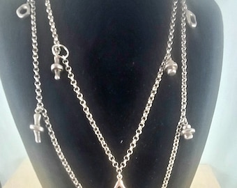 Long Sterling Charm Necklace Vintage Very Long Sterling Silver Charm Necklace 38 inches Long with 12 Dangling Charms