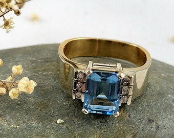 March 14Kt Aquamarine  Diamond Ring Vintage 14Kt Ring with an Emerald Cut Aquamarine and Diamonds Size 8  Gift For Her Christmas
