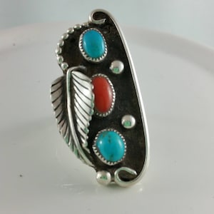 Sterling Navajo Ring Vintage Navajo Ring 70s Large Vintage Navajo Silver Genuine Turquoise and Coral ring Feather Pawn Jewellery size 8,25