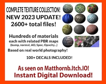 NEWLY UPDATED! 2500+ tiling PBR texture maps, 100+ decals and overlays! Perfect resource for 3d artists!