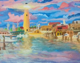 Harbor scene - acrylic, original painting - waterscape, Cape May