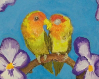 Lovebirds forming heart - acrylic painting, original handmade artwork