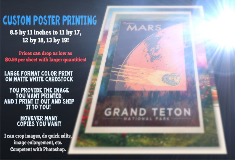 Custom poster prints, cardstock, 13x19, 12x18, 11x17, 8.5x11 and any custom trimmed sizes under 1319. image 1