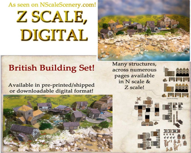 English Z scale buildings, set of papercraft Tudor style building designs digital version only image 1