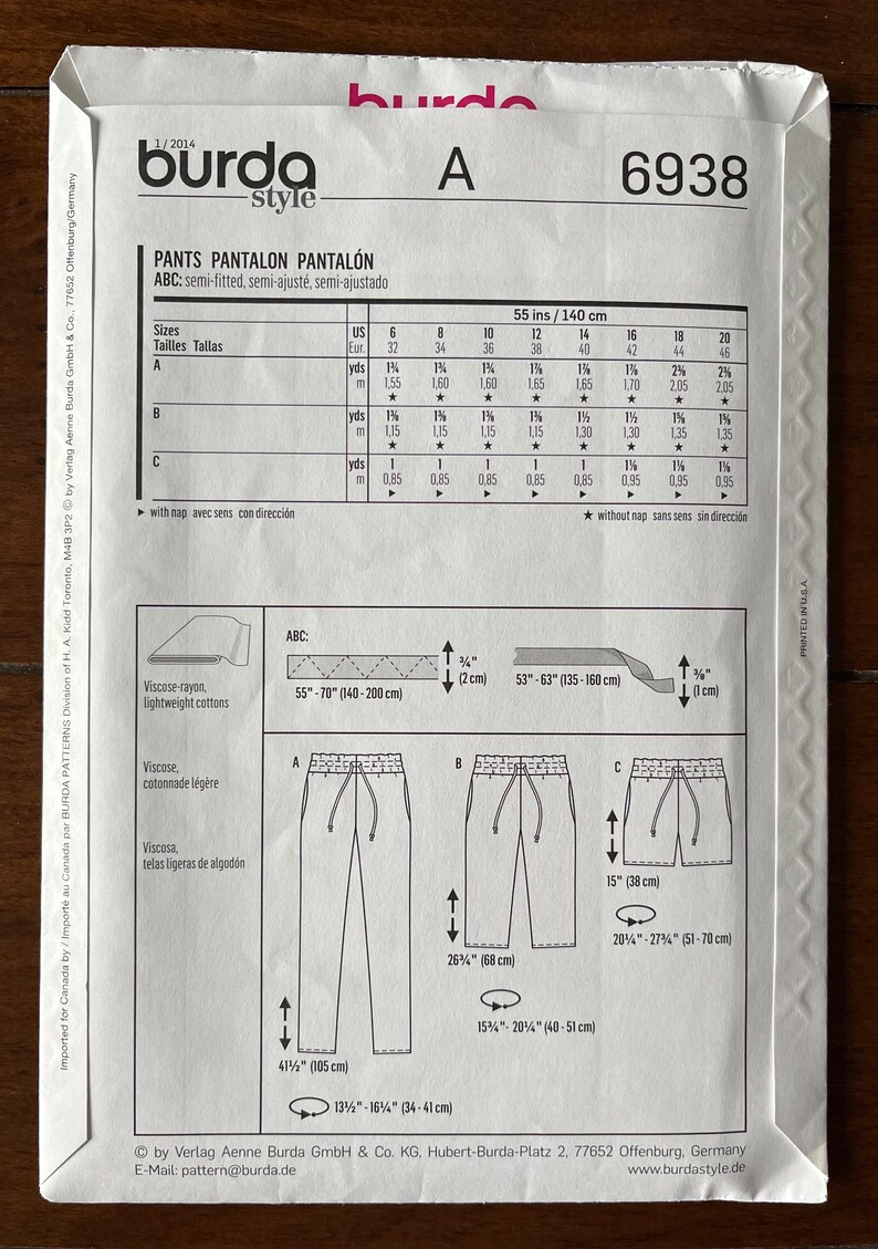 May include: A sewing pattern for pants, shorts, and a skirt. The pattern is for sizes 6-20 and includes instructions for cutting and sewing the garments. The pattern is printed on a white background with black text and illustrations.