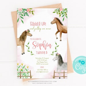 Paard verjaardagsuitnodiging, meisje verjaardagsuitnodiging, paard themafeest, sjabloon, C12