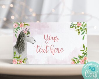 Editable Horse Birthday Food Tent Card Printable place card Food label Saddle Up Pink floral Pony Birthday Cowgirl Party, Corjl Template c12