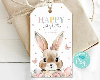 Editable Easter Tags, Cute Watercolor Bunny, Pastel Colors, Personalized Easter Gift Tags for Baskets and Treats, Editable Template