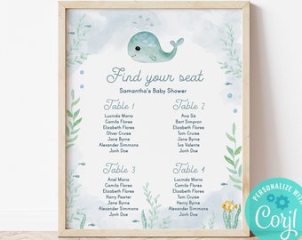 Plantilla de plano de asientos con temática de ballena bebé: Baby Shower Bajo el Mar (Plantilla editable)