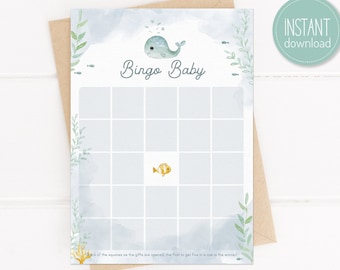 Juego de bingo para baby shower con temática submarina (PDF imprimible)