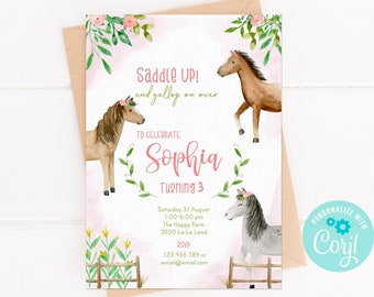 Invitación de cumpleaños con temática de caballos: Plantilla para fiesta infantil (Imprimible, editable con Corjl)