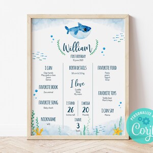 Jalon d'anniversaire, fête d'anniversaire de bébé requin, jalon de bébé requin, sous la mer, jalon imprimable, 1er anniversaire, carte d'étape importante, C02