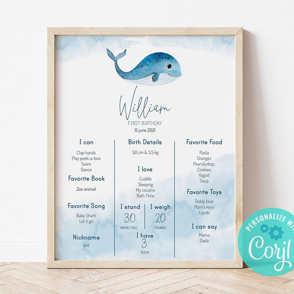 Birthday milestone, under the sea party, milestone card, whale milestone, 1st birthday, party decor, C06