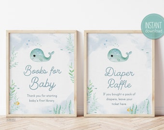 Rifa de pañales y cartel para traer un libro, juegos para baby shower, ballena bebé, descarga instantánea - C05