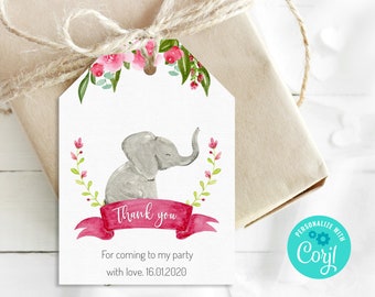 Elephant Baby Shower Favor Tags - Editable - Animal Thank You Tags - Gift Tags Elephant Theme - Pink Tag - Baby Girl
