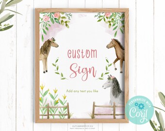 Letrero floral para fiesta de cumpleaños con temática de caballos: Decoración editable de vaquera (Plantilla Corjl)