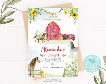 Invitación de cumpleaños con temática de granja en acuarela: caballos y corral (plantilla imprimible)