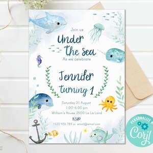 Under the Sea Birthday Invitation, Whale Invitation, Shark Invitation, 1st Birthday, Party Invitations, Editable Invite - TEMPLATE, C10