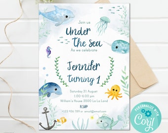 Invitación de cumpleaños con temática marina: Ballena, tiburón, primer cumpleaños (digital, editable)