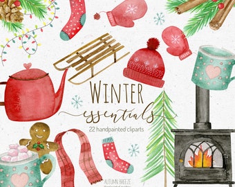 winter clipart, watercolor christmas clipart, holiday clipart, cozy winter clip art, png files