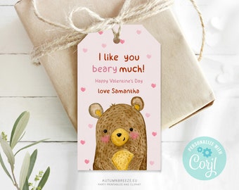 Editable Valentine Gift Tags, Kids Valentines, Teddy Bear Tags, Classroom Valentines, Printable Treat Bag tags, Editable Template with Corjl