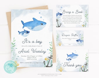 Baby Shark Baby Shower Printable Invitation, Baby Shower Invitation set, Party Invitation, Baby Boy Shower, Momma Shark, C17