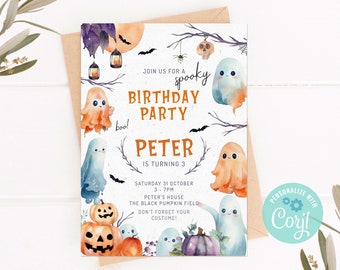 Invitación de cumpleaños de Halloween, con lindos fantasmas y calabazas espeluznantes, PLANTILLA de invitación de Halloween C29