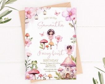 Invitación de primer cumpleaños de hadas: Flores rosas, mariposas (PLANTILLA)