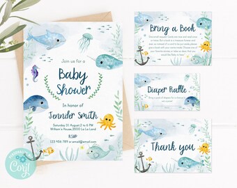 Under the sea Baby Shower Invitation set,  Editable invitation, Nautical Baby Shower, Ocean Baby Shower Invitation, TEMPLATE, C10