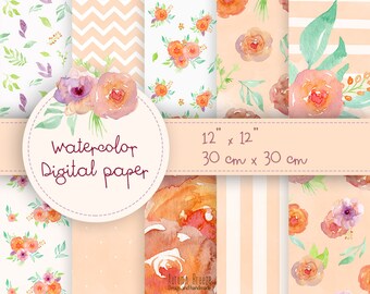 flores de acuarela, papel digital, papel digital para scrapbooking, conjunto de papeles digitales, flores de acuarela, flor de acuarela, paquete de papeles digitales