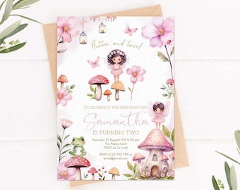 Invitación de cumpleaños con temática de jardín de hadas: flores rosas y mariposas (plantilla editable)
