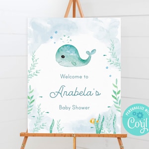 Welcome Sign Baby Shower Baby Whale Printable Sign TEMPLATE C05 image 1