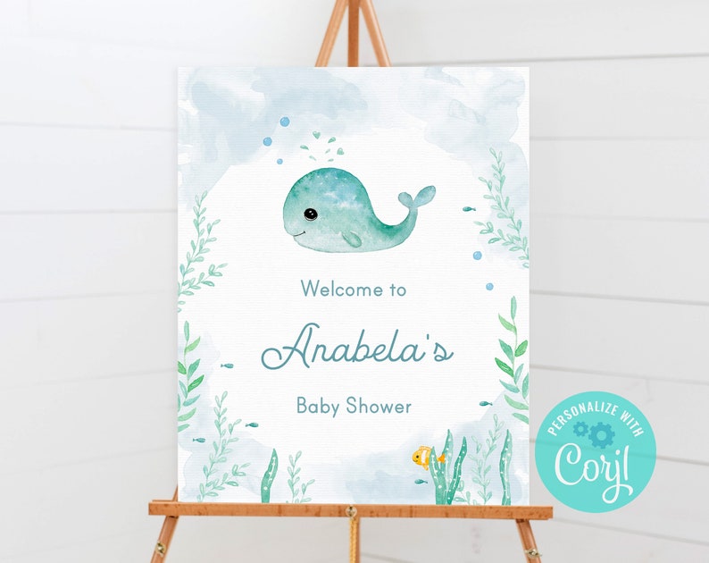 Welcome Sign Baby Shower Baby Whale Printable Sign TEMPLATE C05 image 1