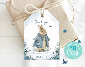 Editable Thank You Tag with Cute Bunny and Floral Design, Personalized Birthday, Baby Shower Favor, Corjl Template, PRINTABLE C22