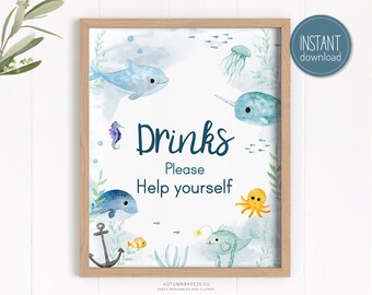 Drinks - please Help Yourself, Drink Sign, Printable Sign, Under the Sea Party birthday Decoration, 8x10 sign PRINTABLE C10