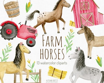 Imágenes prediseñadas de caballos en acuarela: animales de granja, granero, tractor (descarga digital PNG)