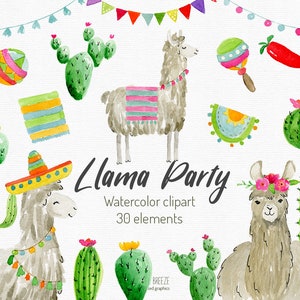 LLama party watercolor clipart. Set of 30 hand-painted illustrations.