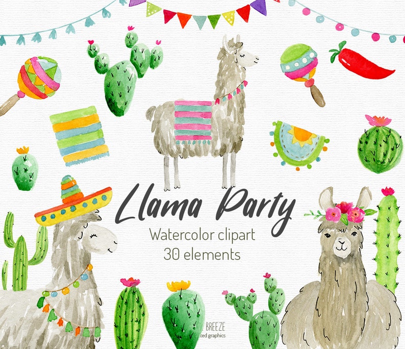 LLama party watercolor clipart. Set of 30 hand-painted illustrations.