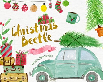 Watercolor Christmas Clipart: Car, Tree, Ornaments (PNG Digital Download)